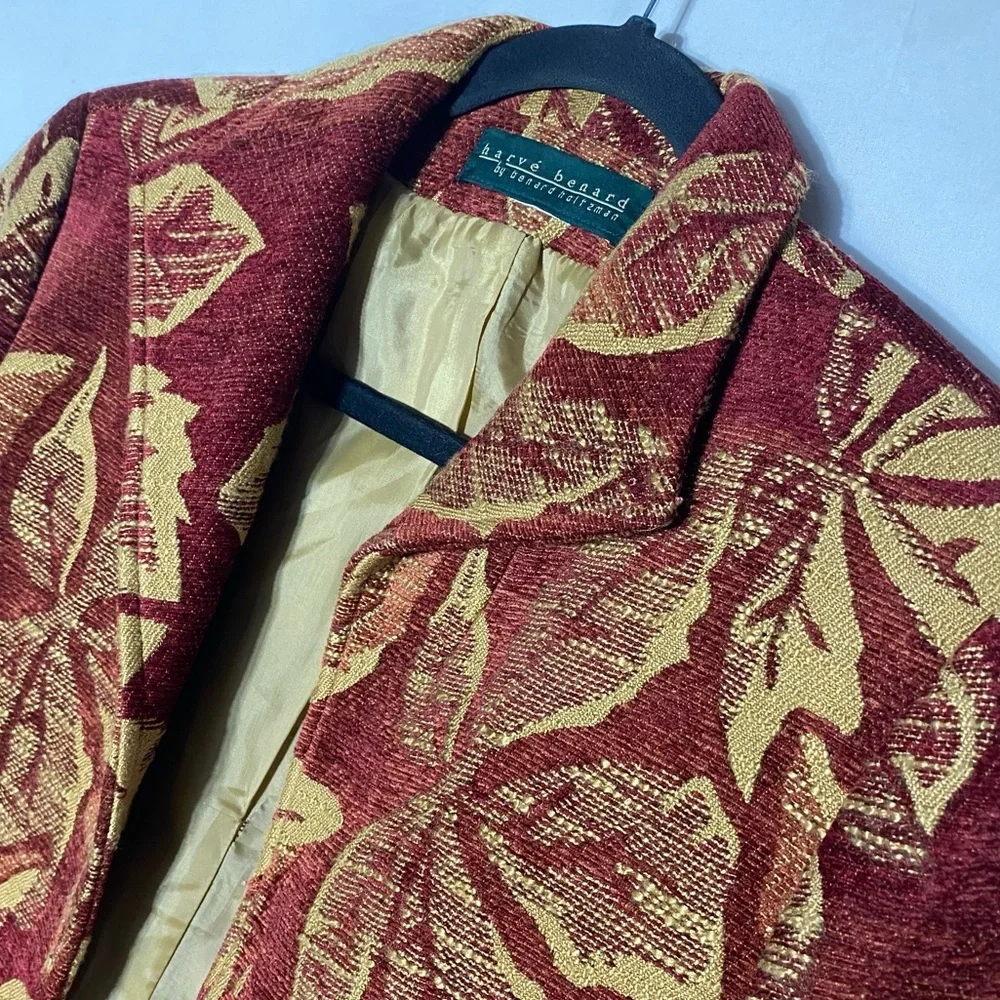 Harvé Benard Red Yellow Chenille Leaf Print Tapestry Open Front Blazer Jacket S - Picture 8 of 14